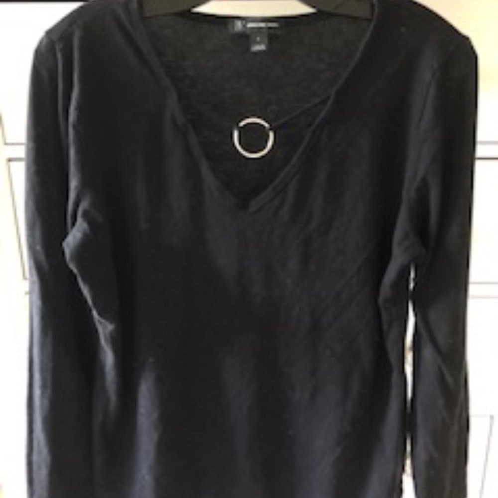 INC Black Dressy Top with Silver Ring